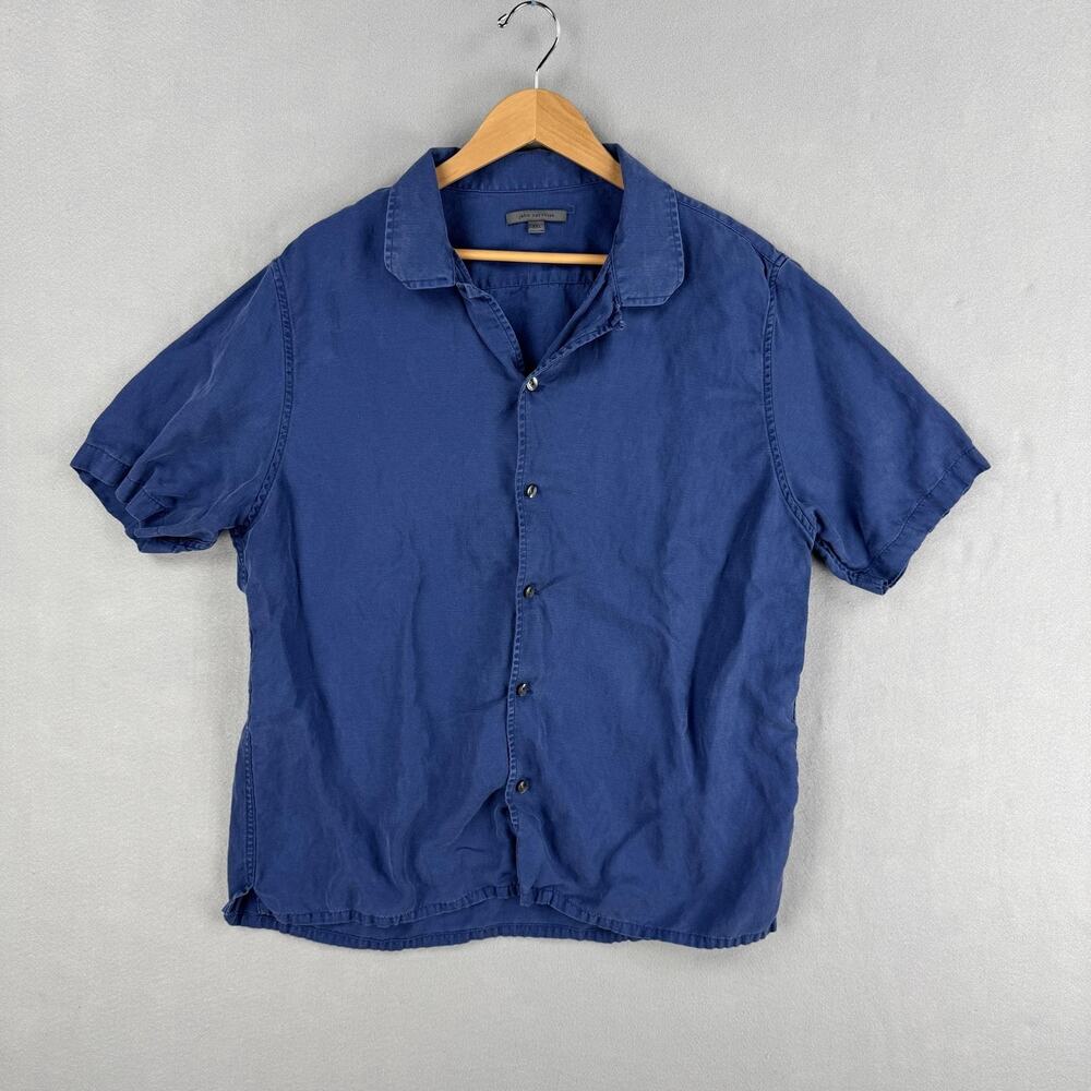 John Varvatos Shirt Mens 2XL Blue Lyocell Linen Short Sleeve Loop Collar Camp